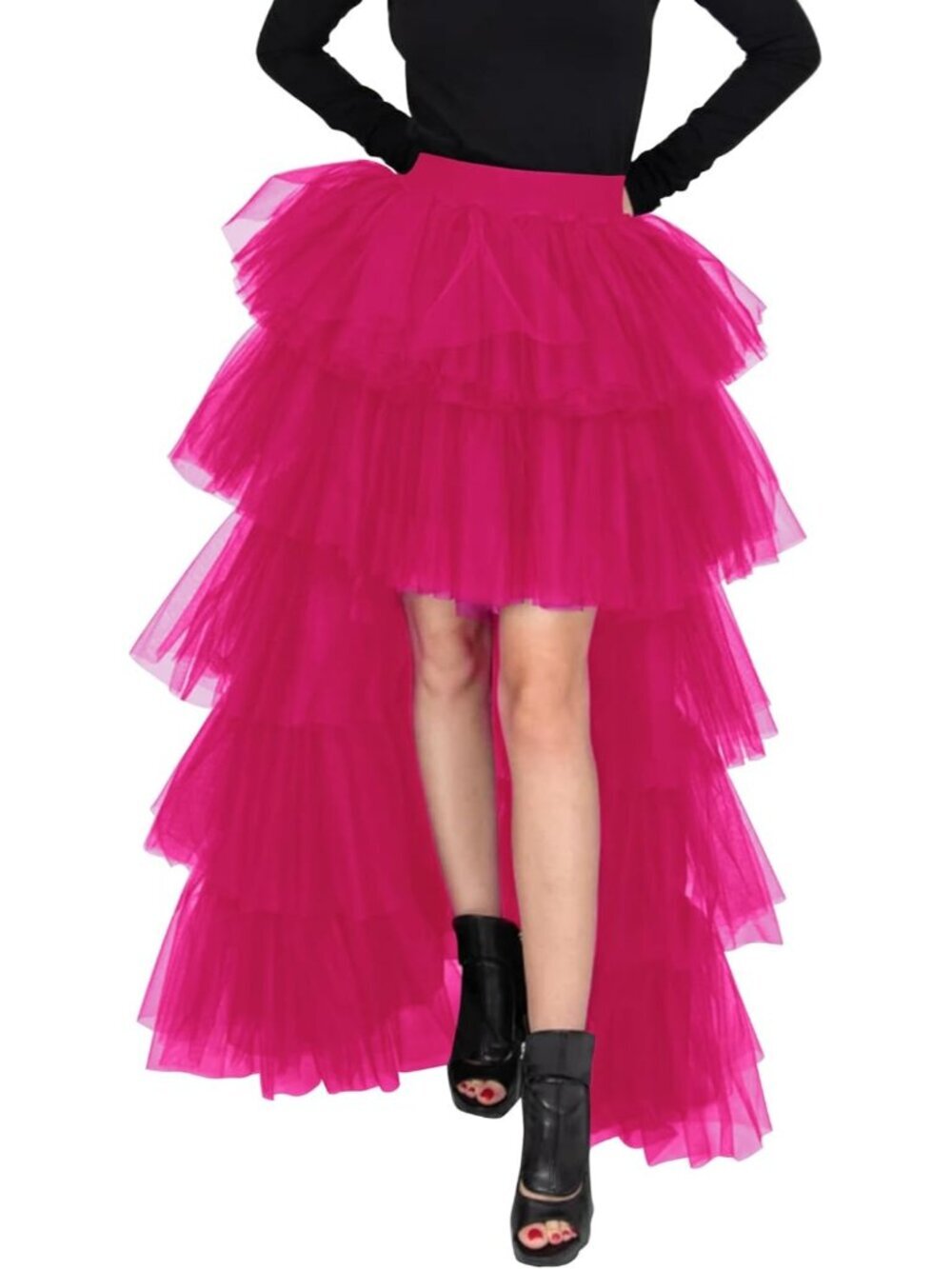 Women's Fuchsia High Low Tutu Tulle Sweet Elastic Waist Mesh Long Skirt